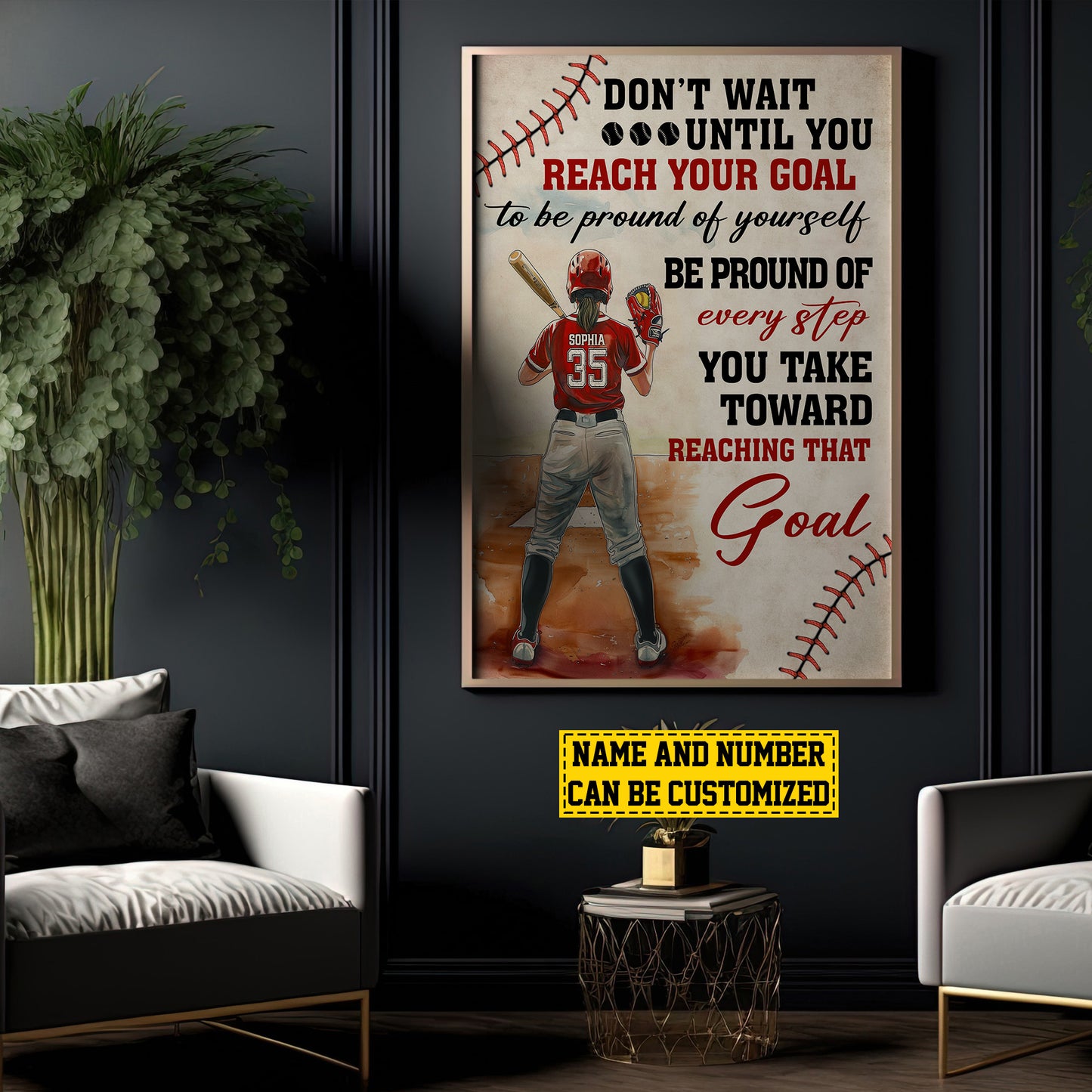 Don't Wait Until You Reach Your Goal, Personalized Softball Girl Canvas Painting, Inspirational Quotes Wall Art Decor, Poster Gift For Softball Lovers, Softball Players
