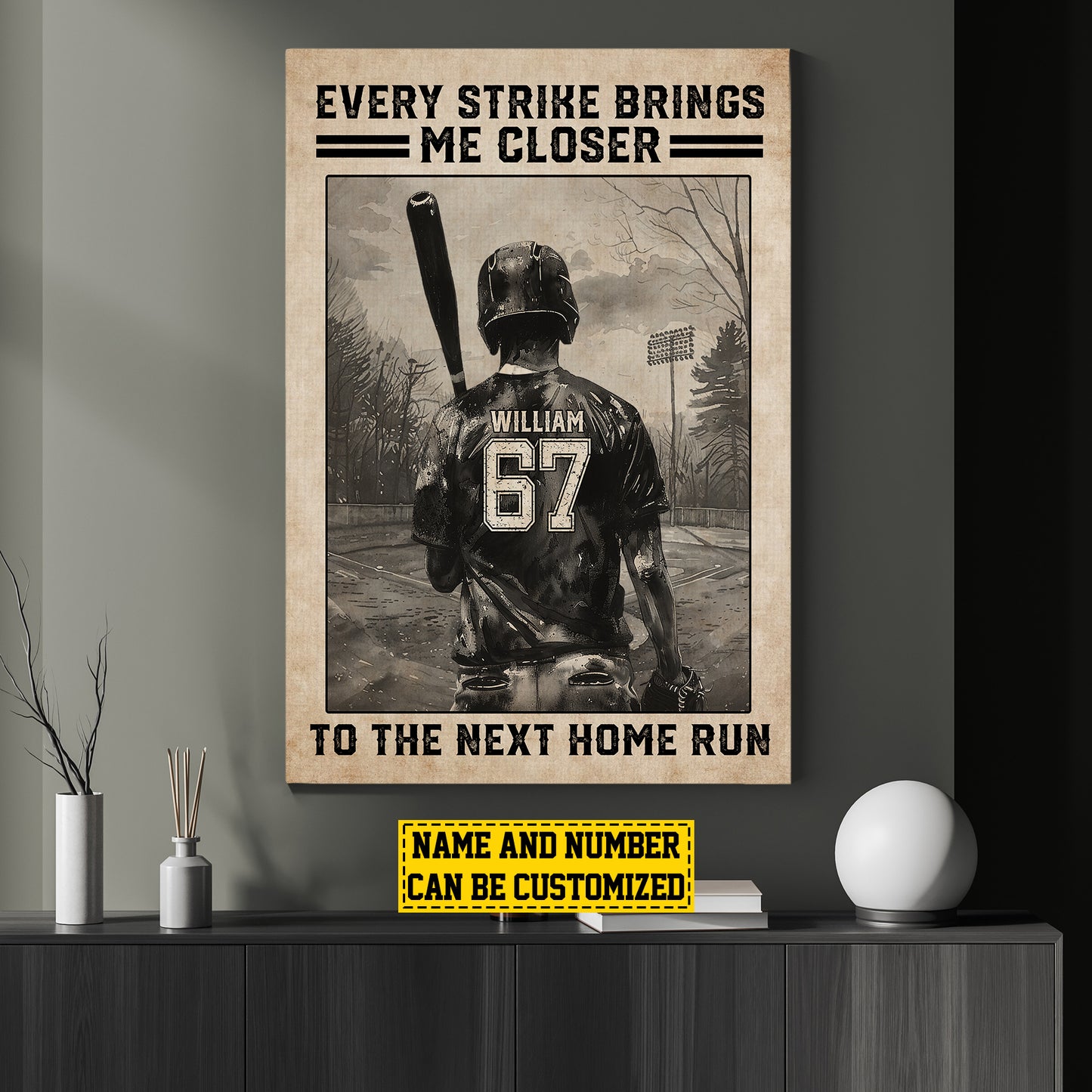 Personalized Baseball Boy Canvas Painting, Every Strike Brings Me Closer To The Next Home Run, Inspirational Quotes Wall Art Decor, Poster Gift For Male Baseball Lovers, Baseball Players