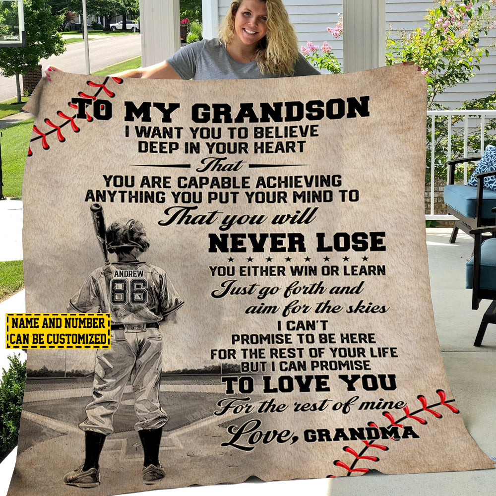 Personalized Baseball Boy Blanket, To My Grandson Believe Deep In Your Heart, Baseball Fleece Blanket - Sherpa Blanket, Gift For Male Baseball Lovers, Baseball Players