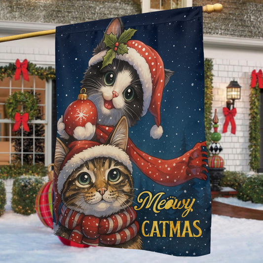 Cute Christmas Cat Garden & House Flag, Meowy Catmas Yard Flag, Xmas Gift For Cat Lovers