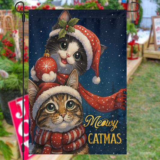 Cute Christmas Cat Garden & House Flag, Meowy Catmas Yard Flag, Xmas Gift For Cat Lovers