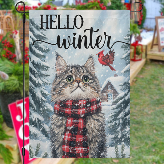 Cute Christmas Cat Garden & House Flag, Hello Winter Yard Flag, Xmas Gift For Cat Lovers