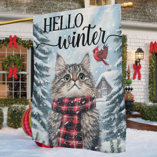 Cute Christmas Cat Garden & House Flag, Hello Winter Yard Flag, Xmas Gift For Cat Lovers