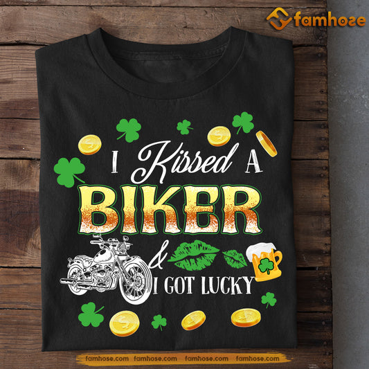 Funny St Patrick's Day Biker T-shirt, Kissed A Trucker Got Lucky, Patricks Day Gift For Biker Lovers, Motorcycle Tees