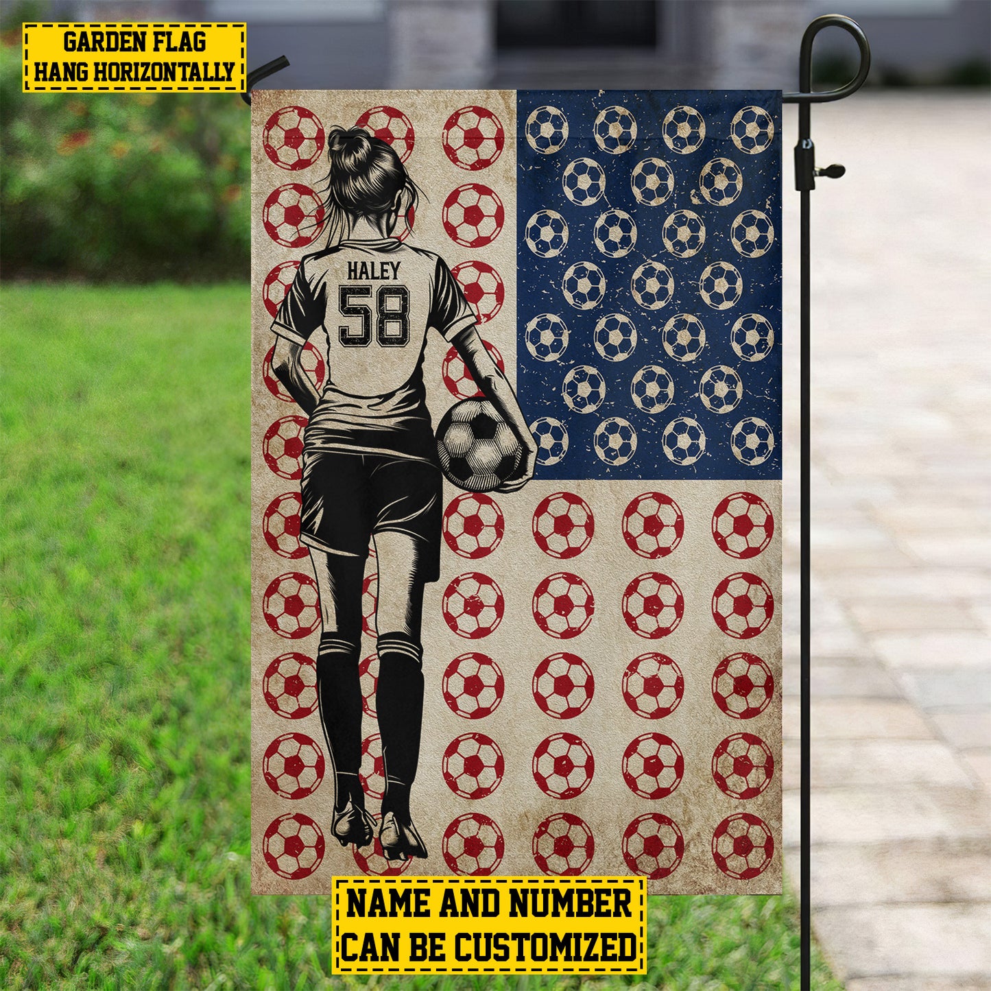 Personalized Soccer Girl American Garden Flag House Flag, July 4th Patriotic Soccer USA Flag Gift For Soccer Lovers