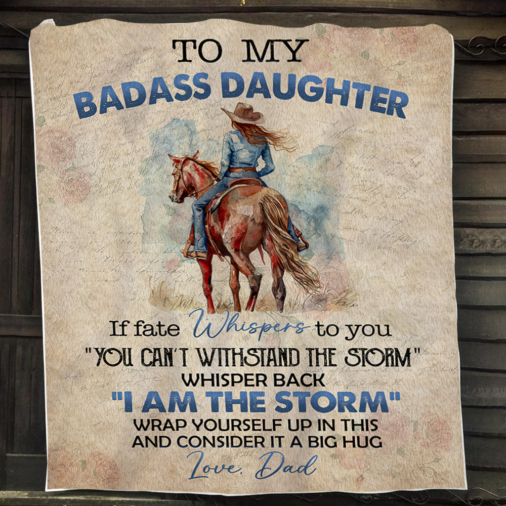 To My Badass Daughter Fleece Blanket - Sherpa Blanket, Motivational Cowgirl Blanket Gift For Horse Lovers