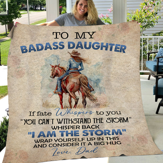 To My Badass Daughter Fleece Blanket - Sherpa Blanket, Motivational Cowgirl Blanket Gift For Horse Lovers