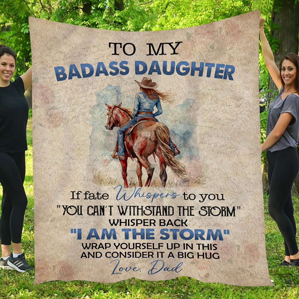 To My Badass Daughter Fleece Blanket - Sherpa Blanket, Motivational Cowgirl Blanket Gift For Horse Lovers