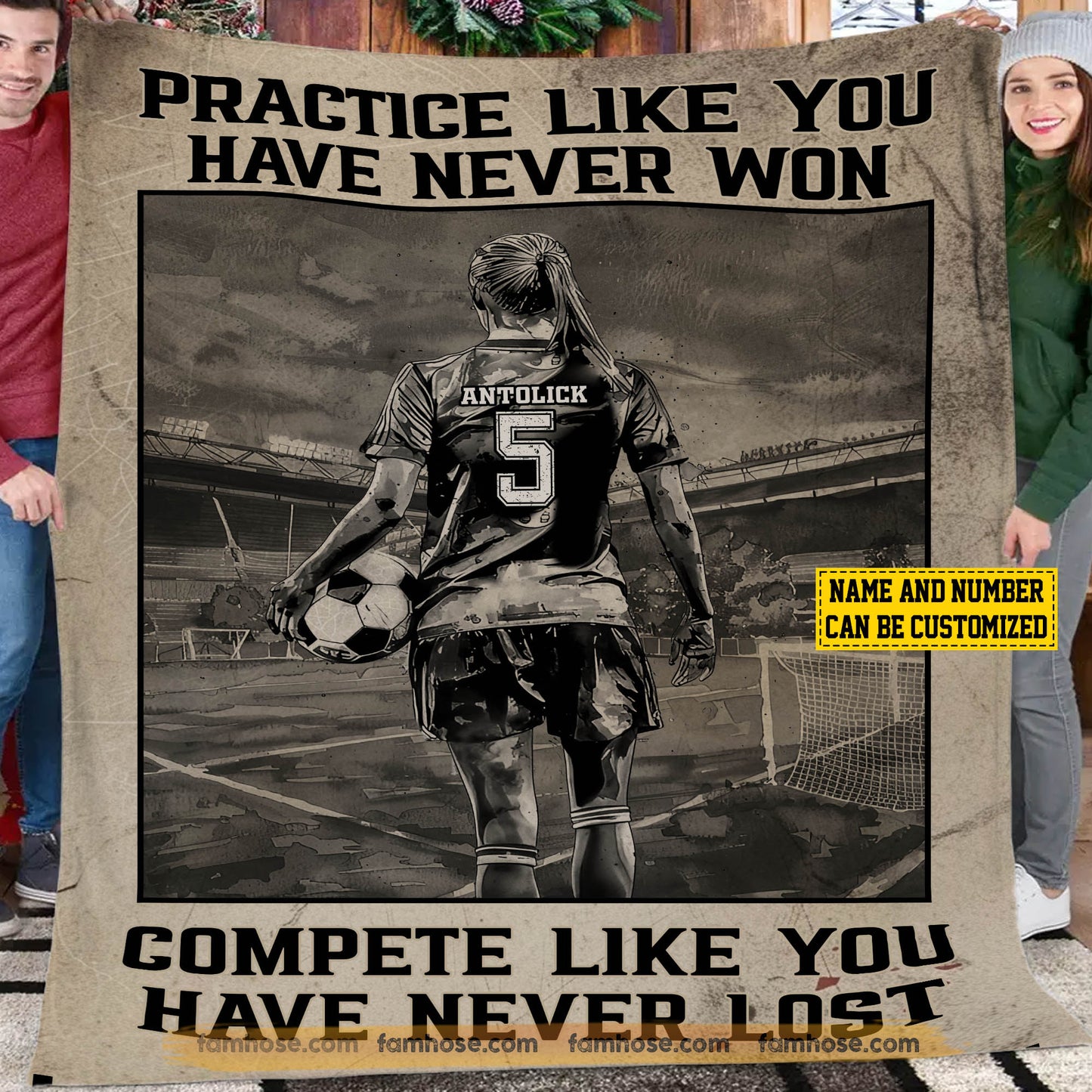 Motivational Personalized Soccer Girl Fleece Blanket, Compete Like You Have Never Lost Sport Woven Blanket, Cool Sherpa Blanket Gift For Soccer Lovers