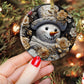 Elegant Snowman Amidst Golden Roses, Snowman Circle Ceramic Ornament Christmas Gift For Rose Lovers