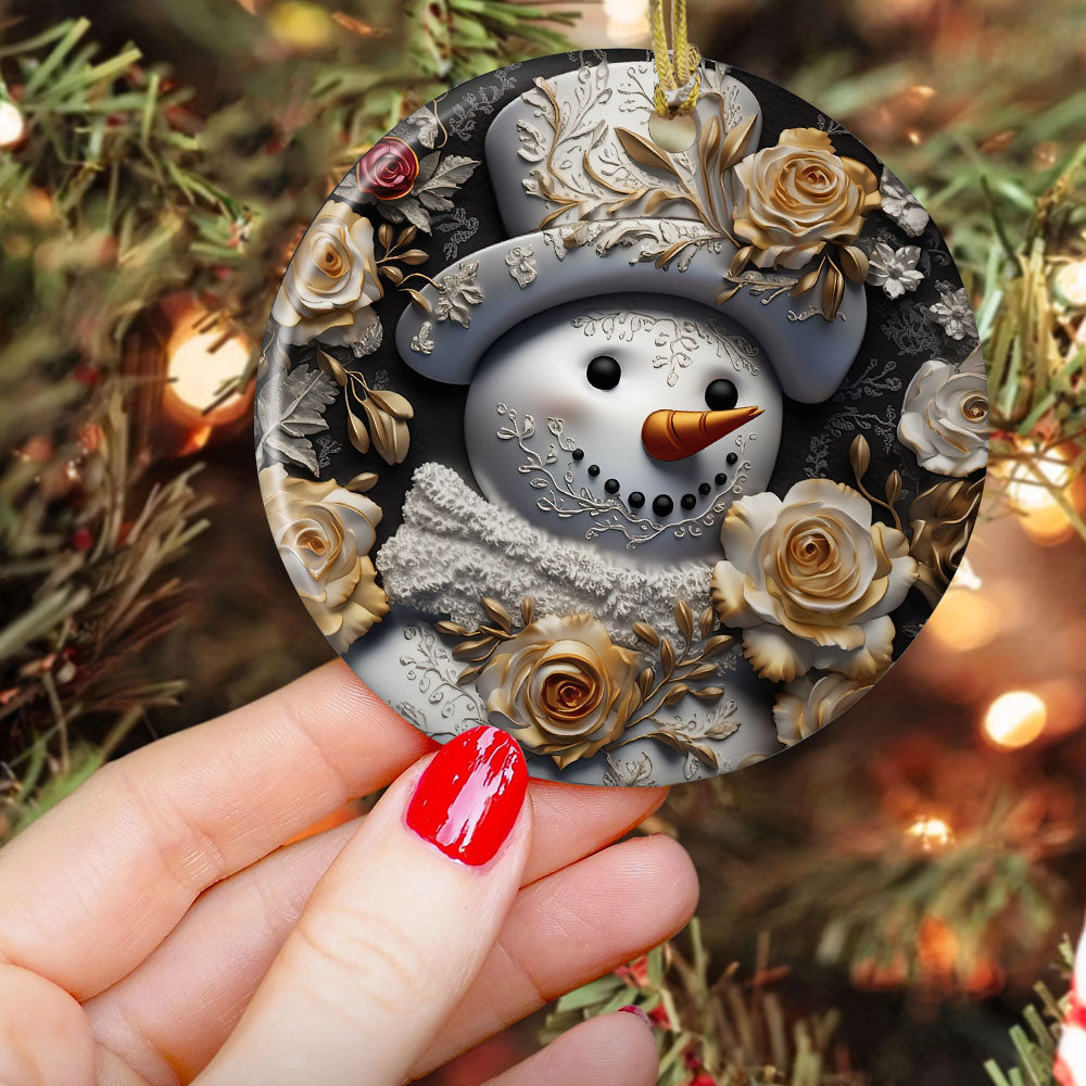 Elegant Snowman Amidst Golden Roses, Snowman Circle Ceramic Ornament Christmas Gift For Rose Lovers