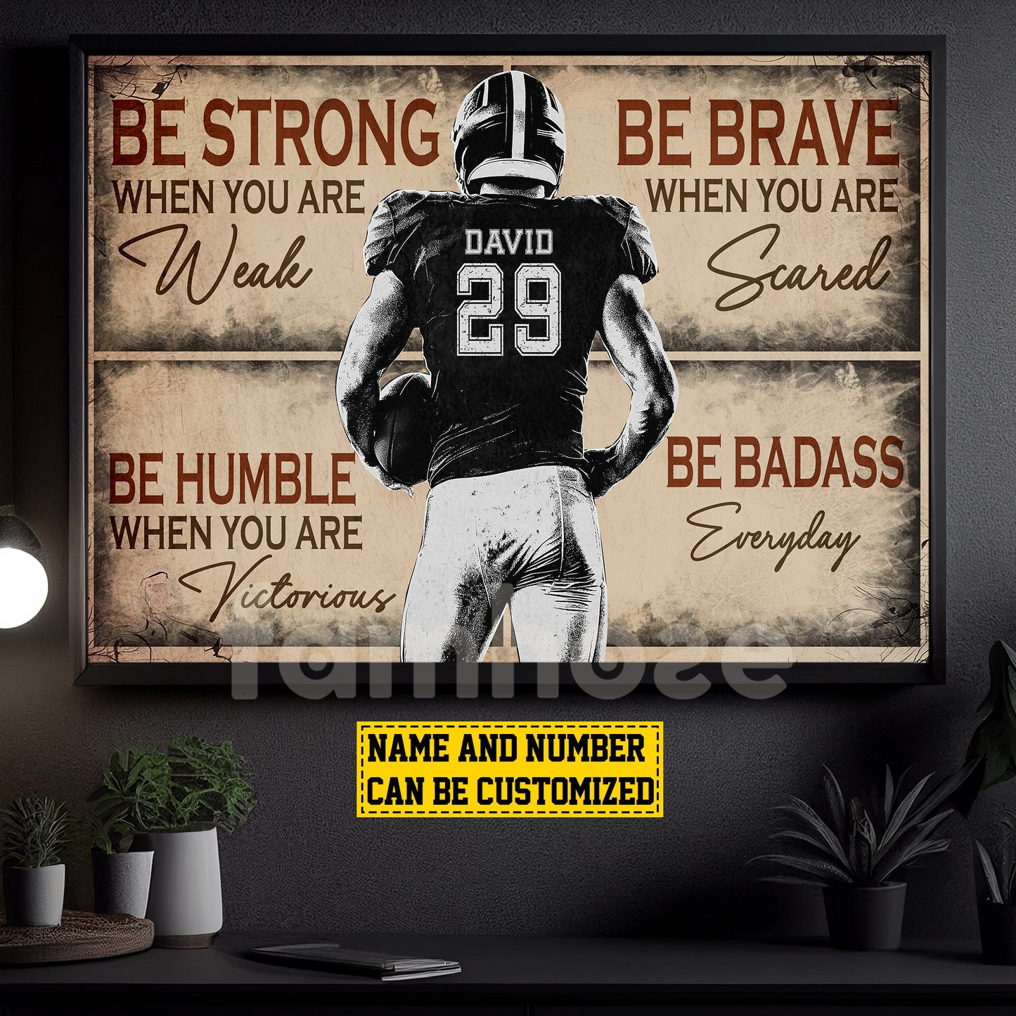 Personalized Football Boy Canvas Painting, Be Strong Brave Humble Badass Cool Quotes Wall Art Decor, Poster Gift For Football Lovers