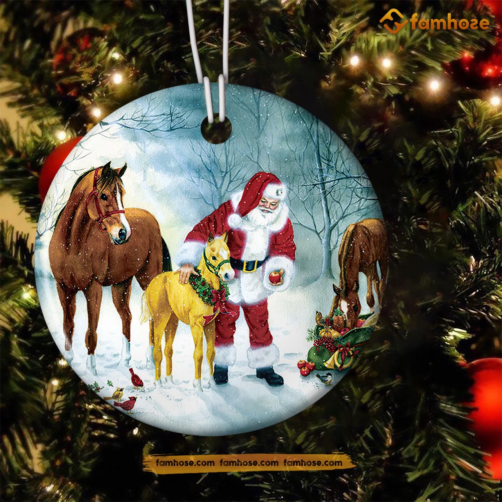 Christmas Horse Ornament, Horses With Santa Claus Gift For Horse Lovers, Circle Ceramic Ornament