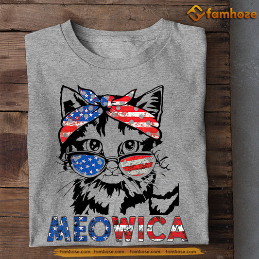 July 4th Cute Cat T-shirt, Meowica With Hair Band USA Flag, Independence Day Gift For Cat Lovers, Cat Owners, Cat Tees
