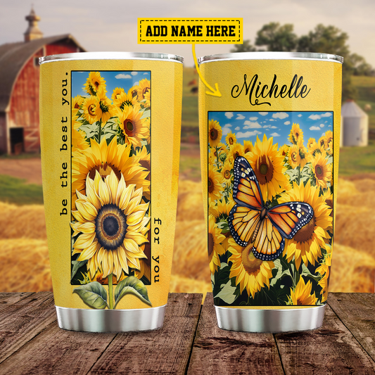 Personalized Butterfly Tumbler, Be The Best You, Sunflower Butterfly Stainless Steel Tumbler, Tumbler Gifts For Butterfly Lovers