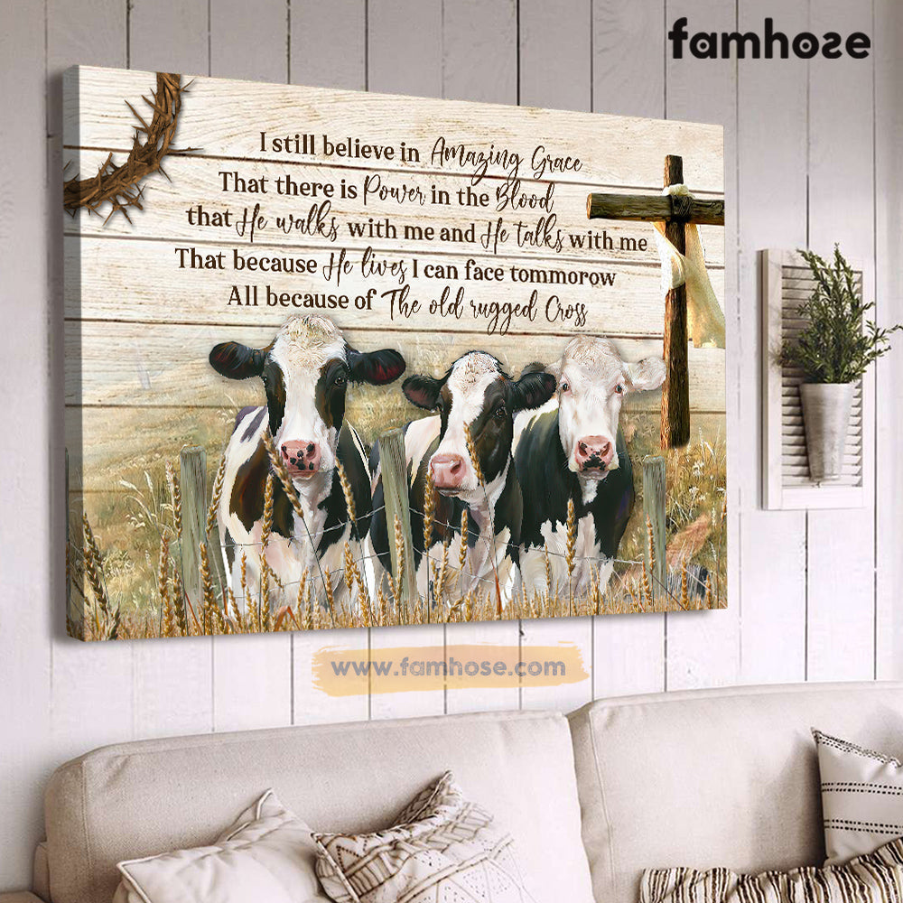 Cow Poster/Canvas, Believe In Amaging Grace There Is Power In The Blood, Cow Canvas Wall Art, Poster Gift For Cow Lovers