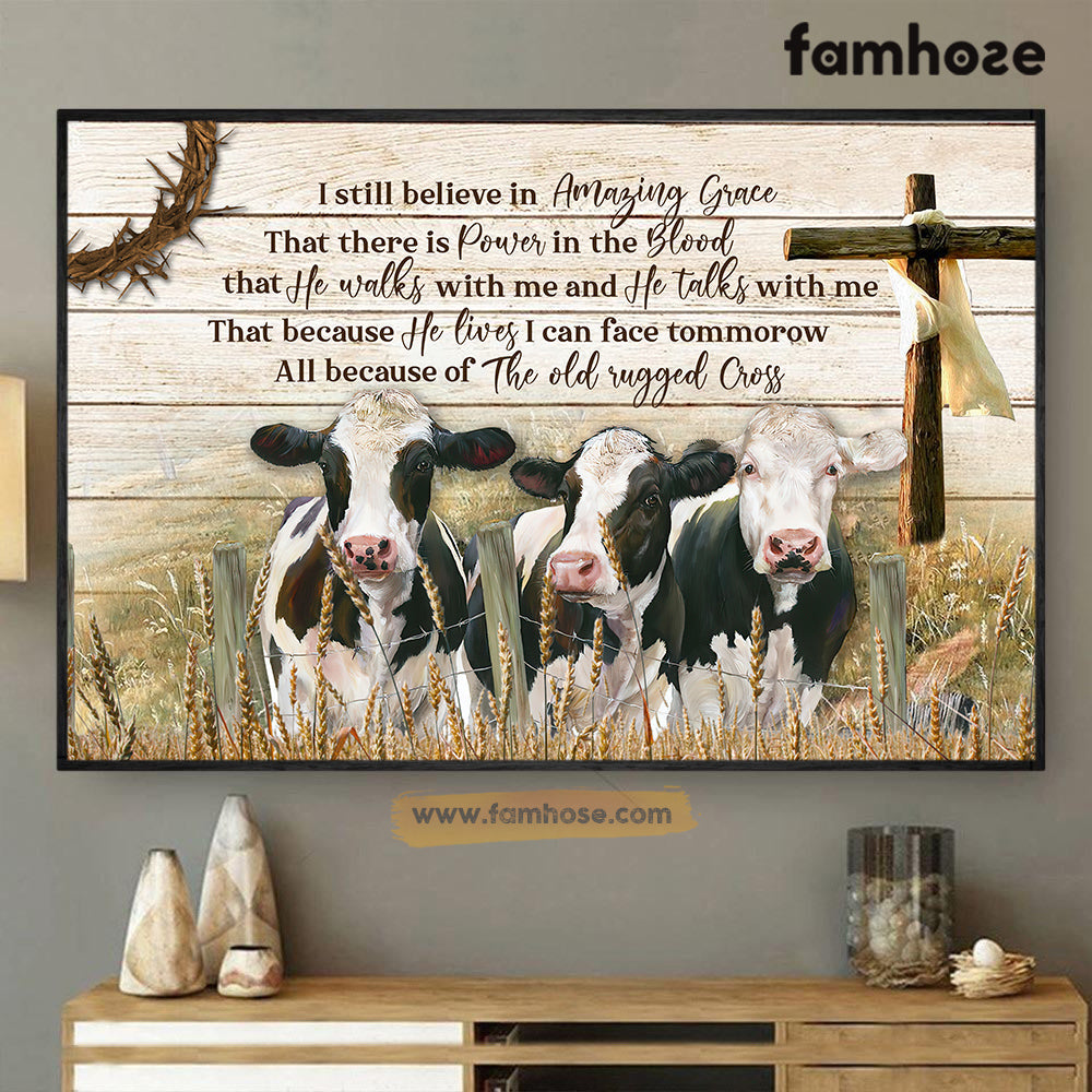 Cow Poster/Canvas, Believe In Amaging Grace There Is Power In The Blood, Cow Canvas Wall Art, Poster Gift For Cow Lovers