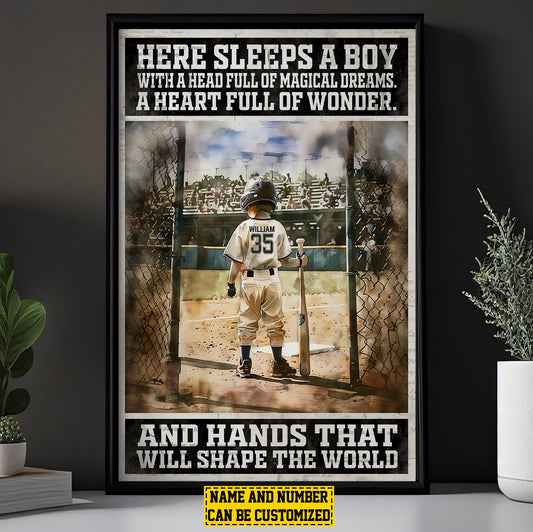 Personalized Baseball Boy Canvas Painting, A Heart Full Of Wonder Will Shape The World, Inspirational Quotes Wall Art Decor, Poster Gift For Kids Baseball Lovers, Baseball Players