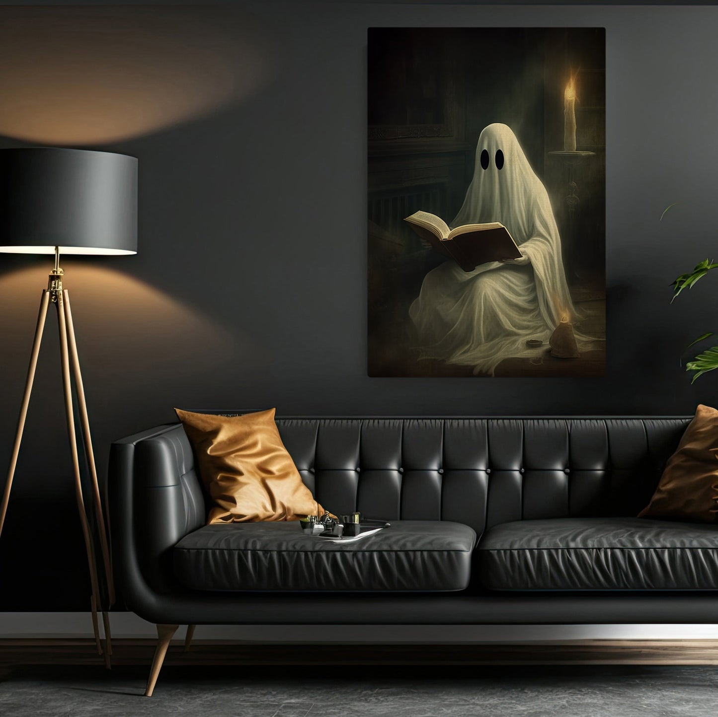 The Ghost Reading Book Vintage Halloween Canvas Painting, Wall Art Decor - Dark Surreal Ghost Halloween Poster Gift