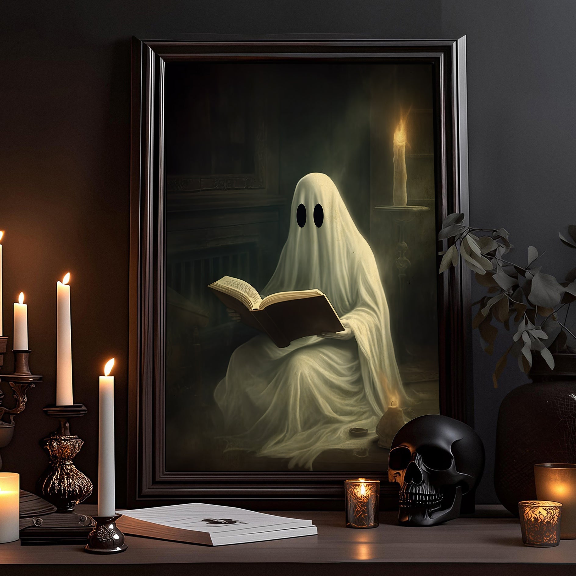 The Ghost Reading Book Vintage Halloween Canvas Painting, Wall Art