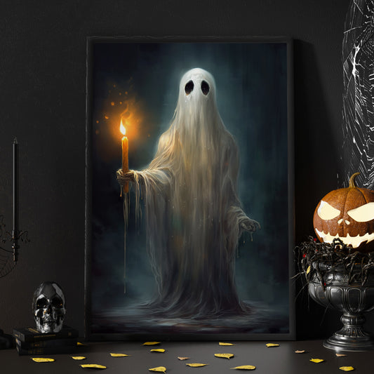 The Wet Ghost Holds The Candle Vintage Halloween Canvas Painting, Wall Art Decor - Dark Surreal Ghost Halloween Poster Gift