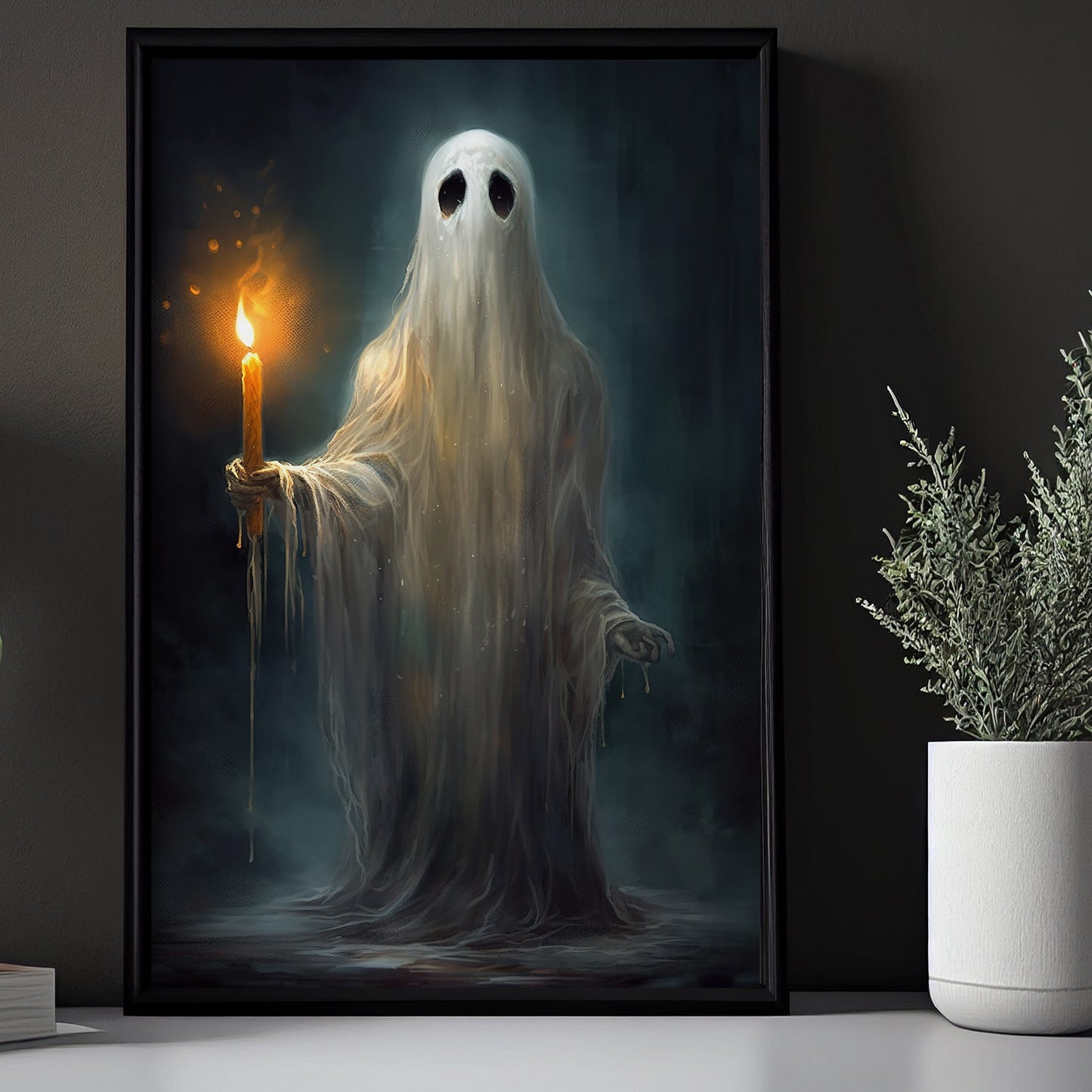 The Wet Ghost Holds The Candle Vintage Halloween Canvas Painting, Wall Art Decor - Dark Surreal Ghost Halloween Poster Gift