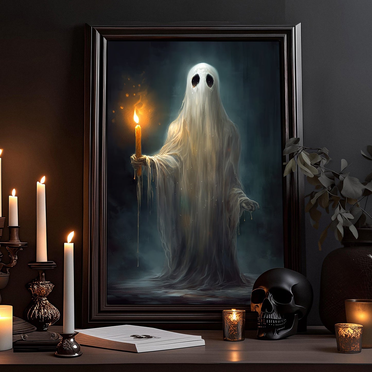 The Wet Ghost Holds The Candle Vintage Halloween Canvas Painting, Wall Art Decor - Dark Surreal Ghost Halloween Poster Gift