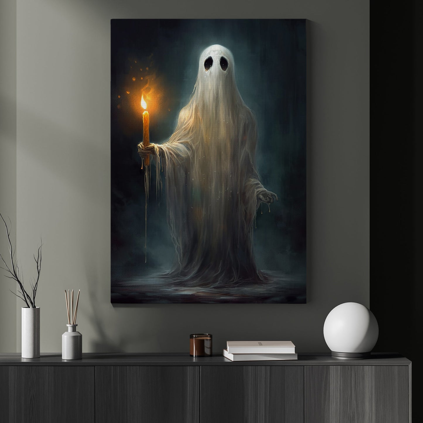 The Wet Ghost Holds The Candle Vintage Halloween Canvas Painting, Wall Art Decor - Dark Surreal Ghost Halloween Poster Gift