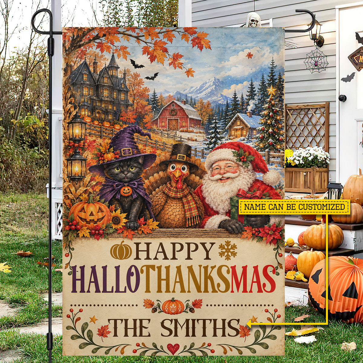 Personalized Halloween Thanksgiving Christmas Horse Garden & House Flag, Happy HalloThanksMas Yard Flag, 3 Seasons In 1 Flag Gift