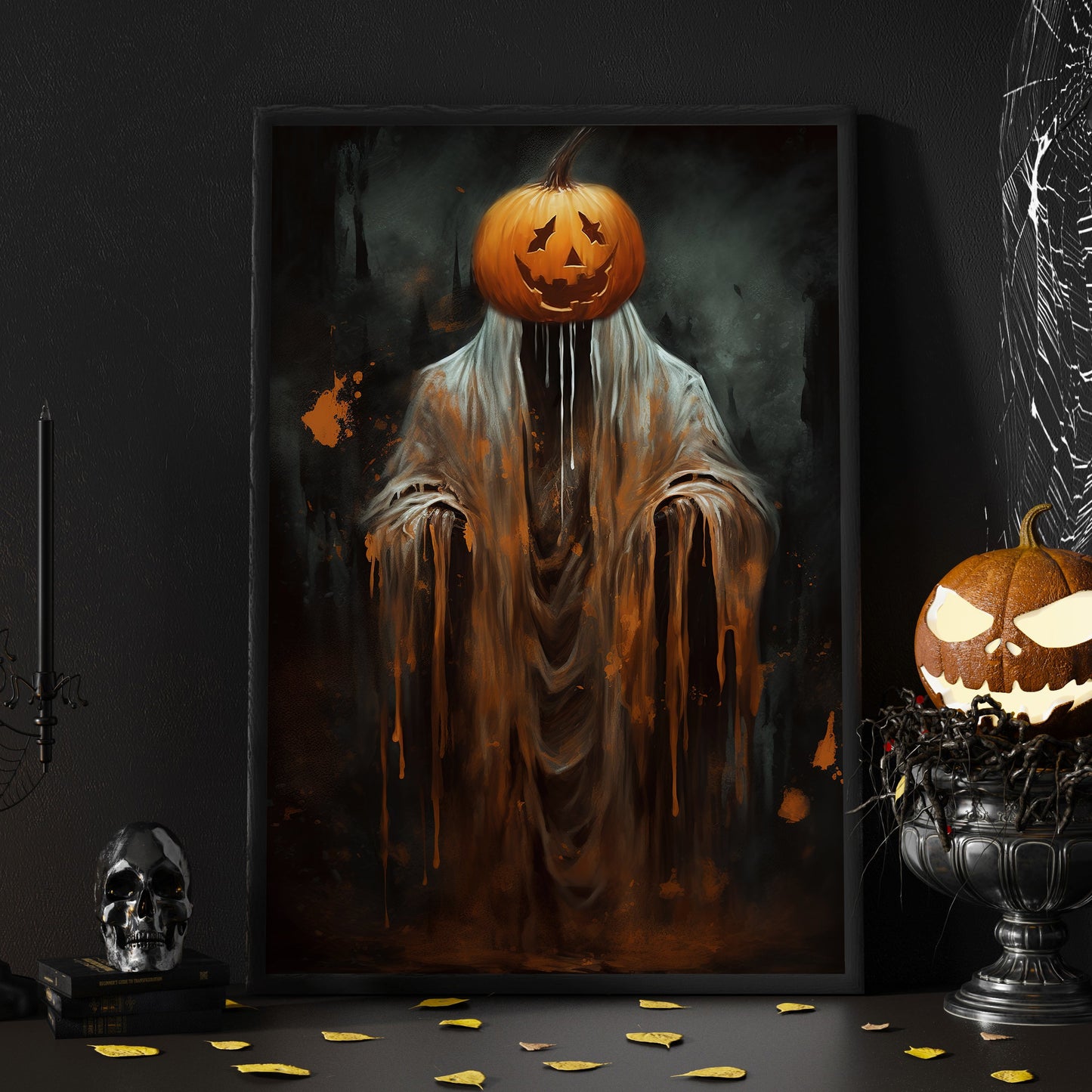 The Pumpkin Ghost Vintage Halloween Canvas Painting, Wall Art Decor - Dark Surreal Ghost Halloween Poster Gift