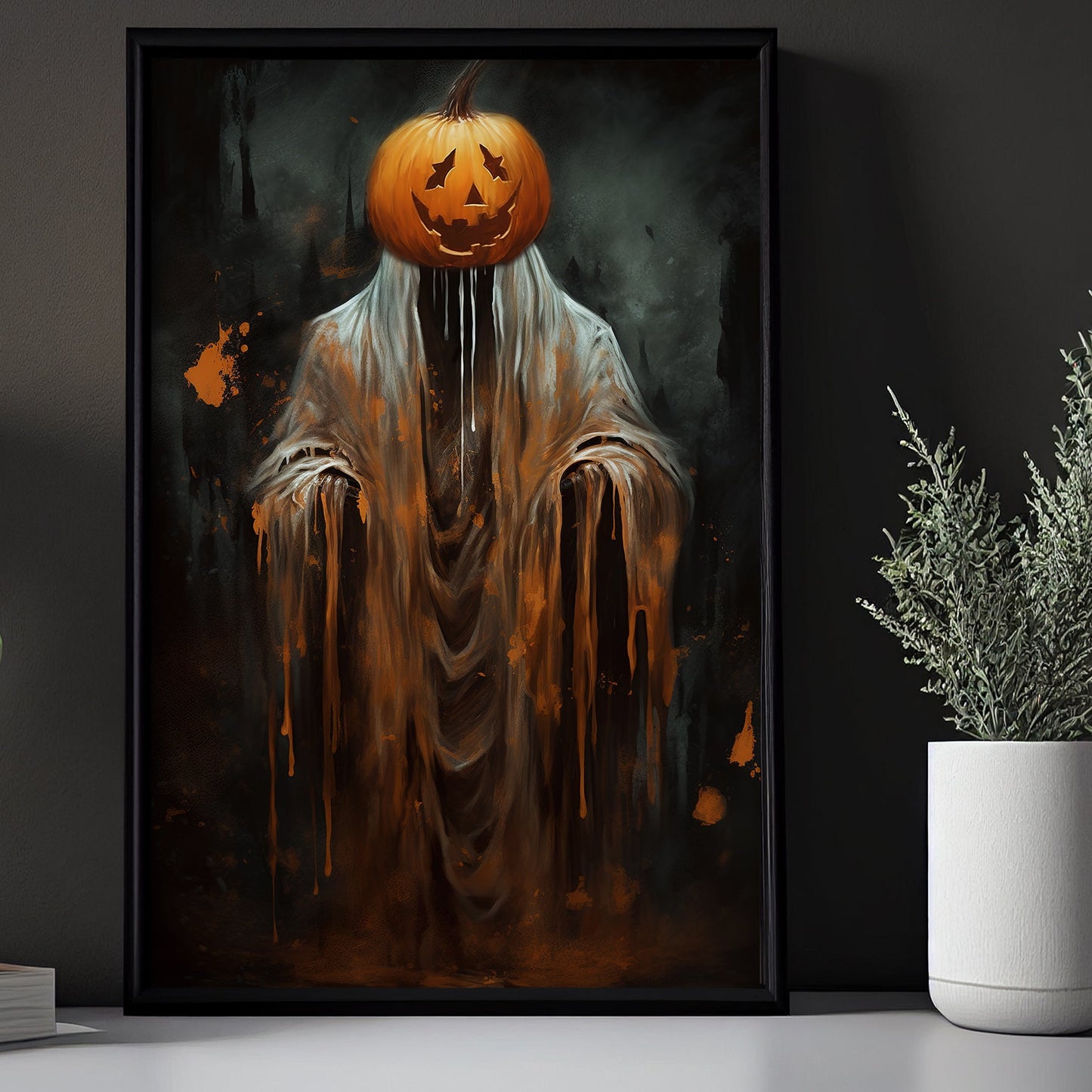 The Pumpkin Ghost Vintage Halloween Canvas Painting, Wall Art Decor - Dark Surreal Ghost Halloween Poster Gift