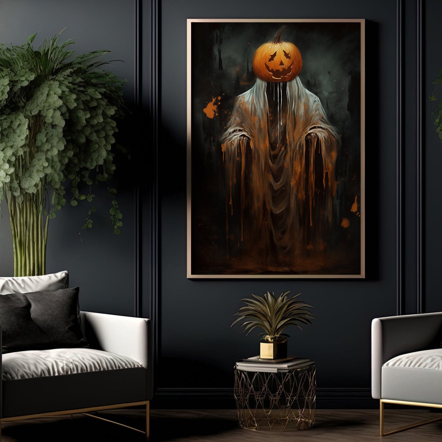 The Pumpkin Ghost Vintage Halloween Canvas Painting, Wall Art Decor - Dark Surreal Ghost Halloween Poster Gift