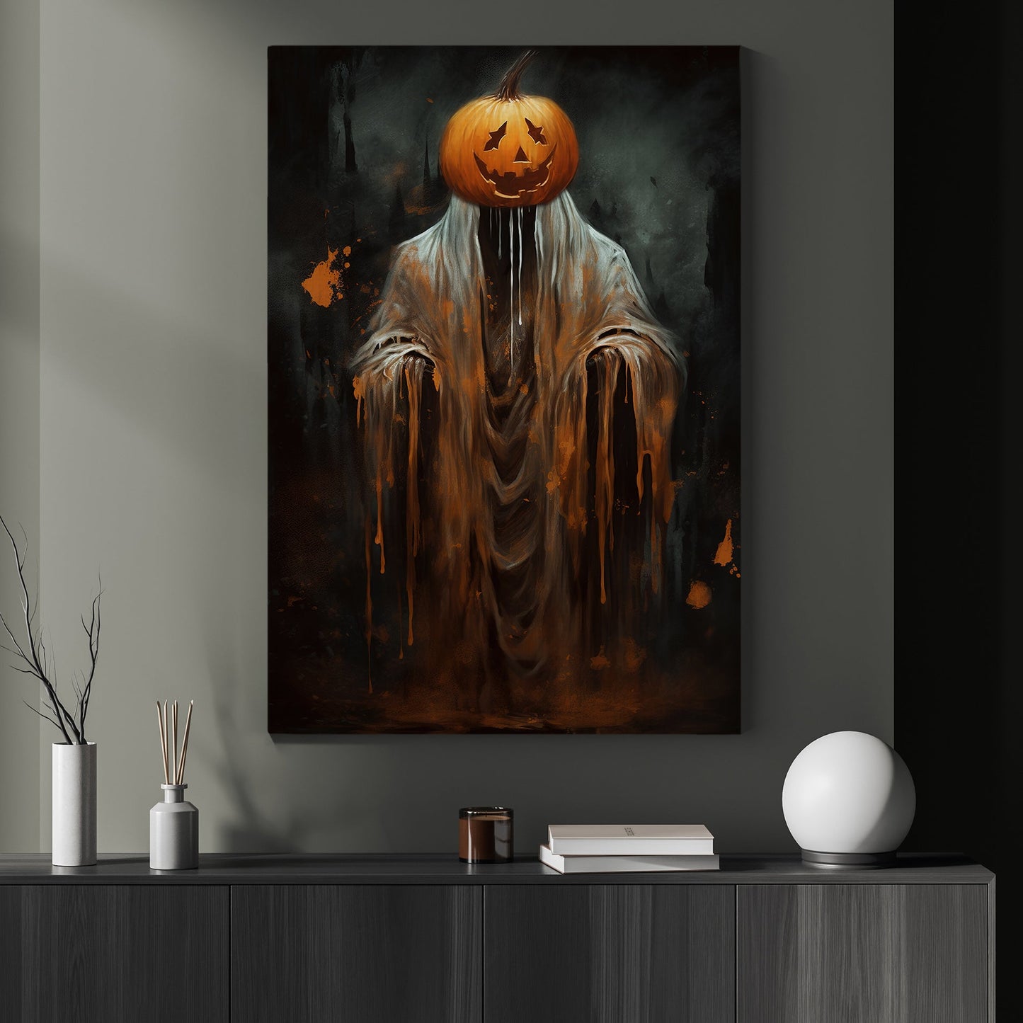 The Pumpkin Ghost Vintage Halloween Canvas Painting, Wall Art Decor - Dark Surreal Ghost Halloween Poster Gift