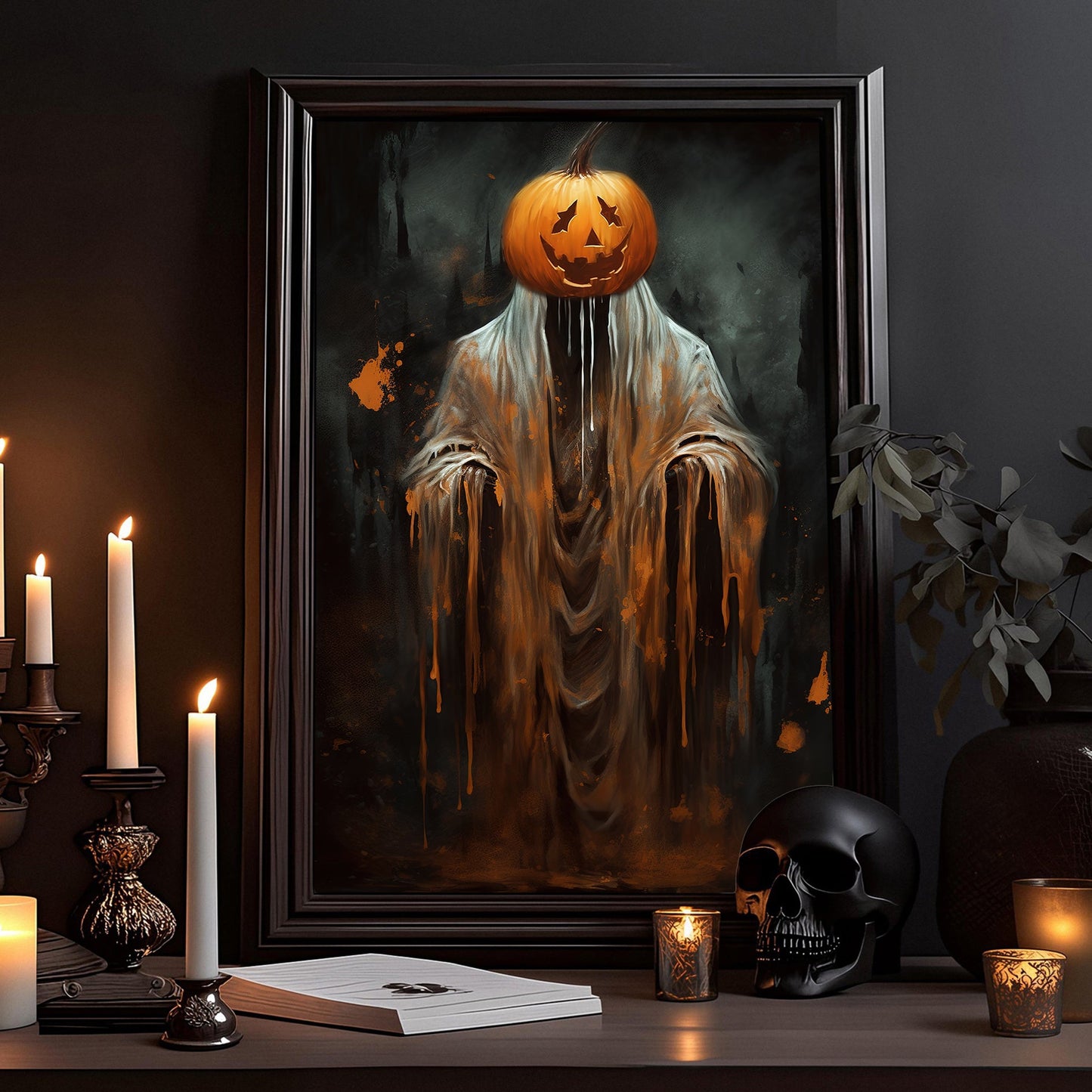 The Pumpkin Ghost Vintage Halloween Canvas Painting, Wall Art Decor - Dark Surreal Ghost Halloween Poster Gift