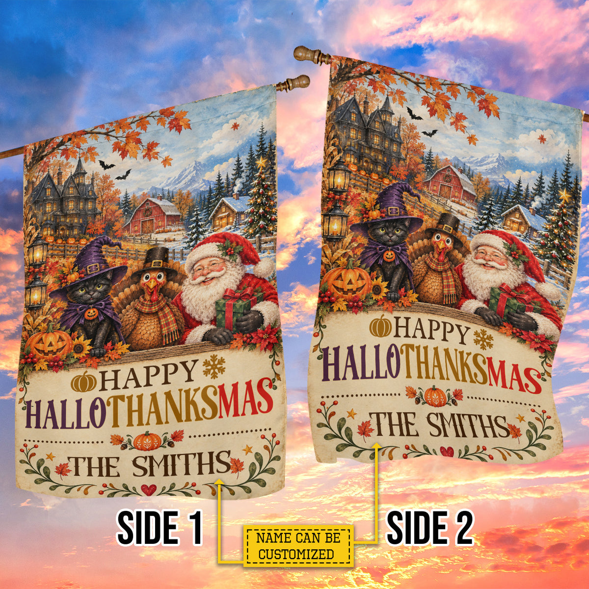 Personalized Halloween Thanksgiving Christmas Horse Garden & House Flag, Happy HalloThanksMas Yard Flag, 3 Seasons In 1 Flag Gift