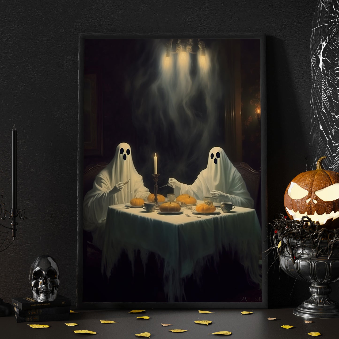 Two Ghosts Have Dinner Halloween Canvas Painting, Wall Art Decor - Dark Gothic Ghost Halloween Poster Gift