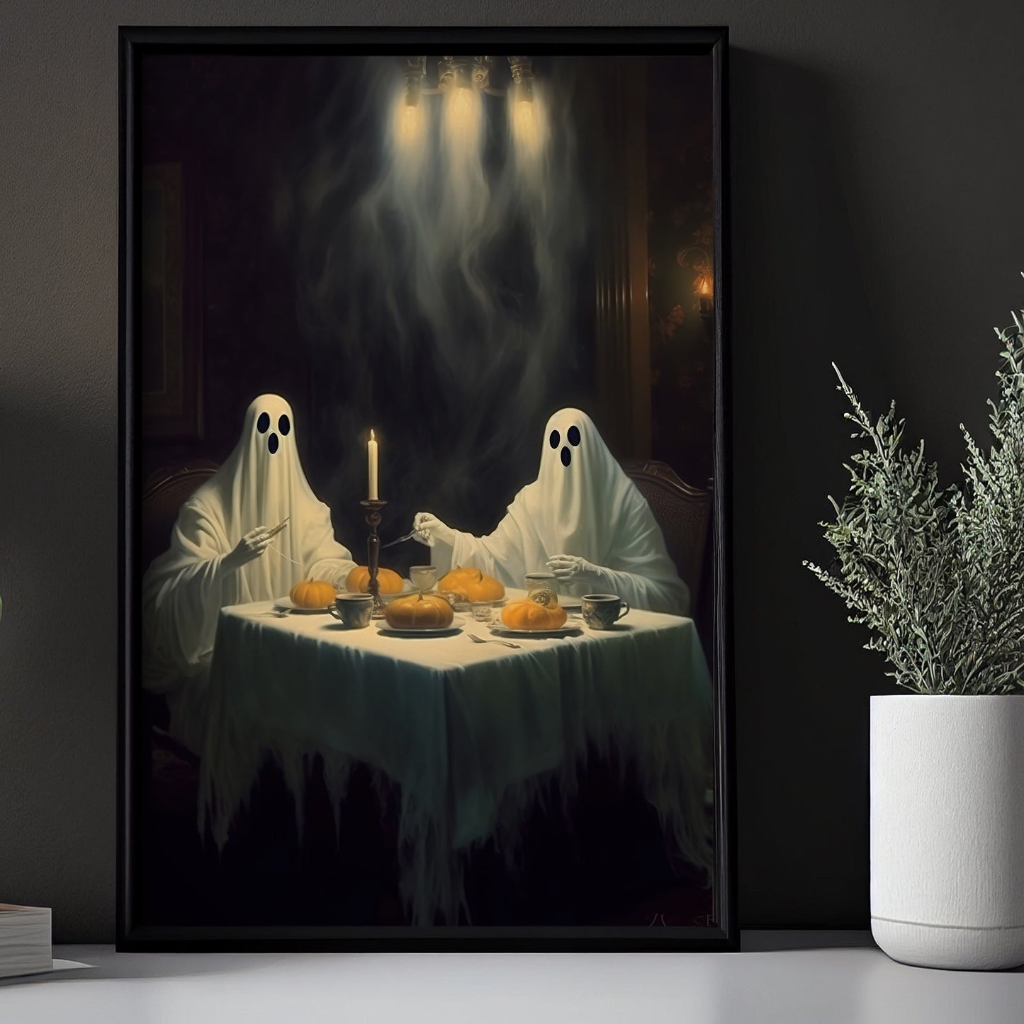 Two Ghosts Have Dinner Halloween Canvas Painting, Wall Art Decor - Dark Gothic Ghost Halloween Poster Gift