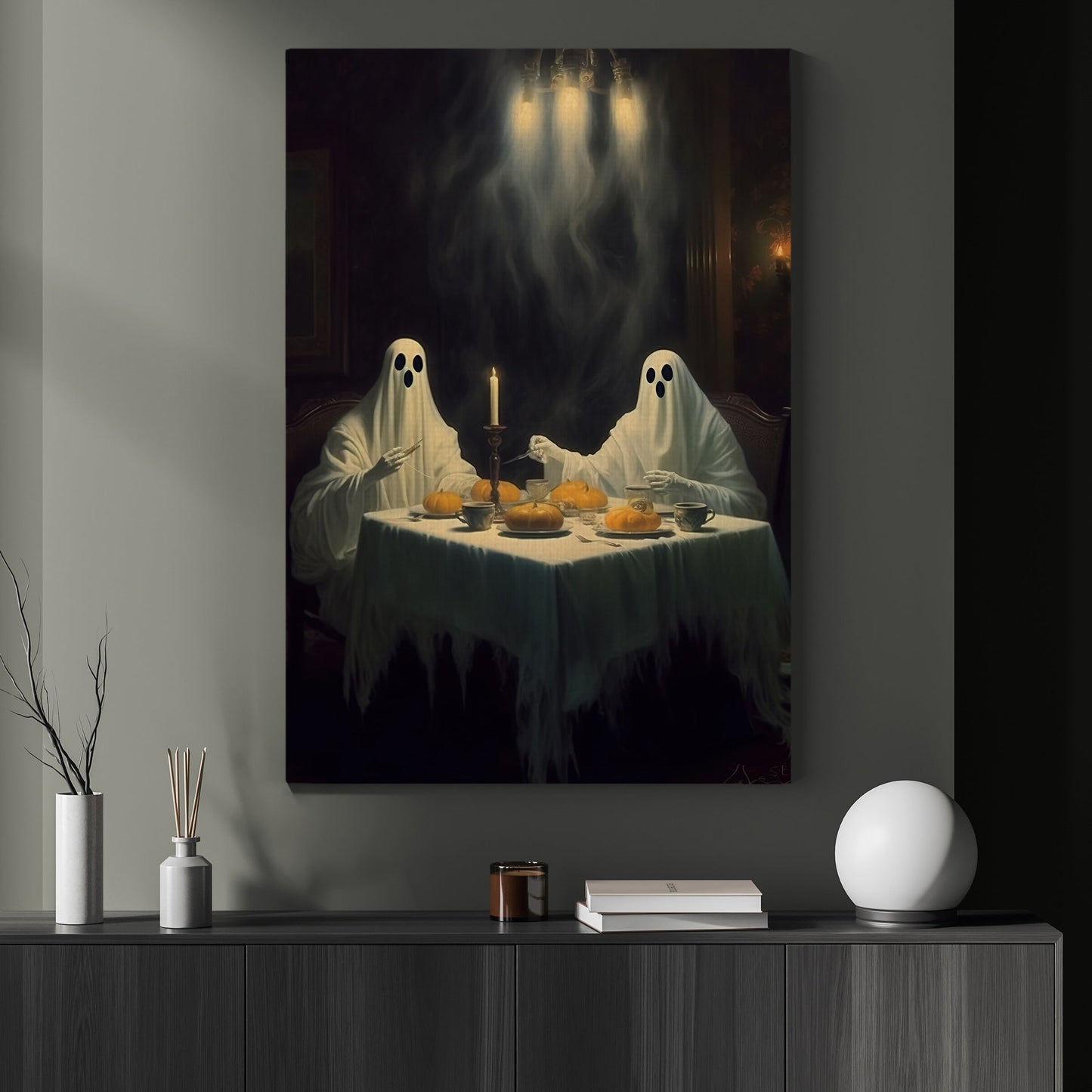 Two Ghosts Have Dinner Halloween Canvas Painting, Wall Art Decor - Dark Gothic Ghost Halloween Poster Gift