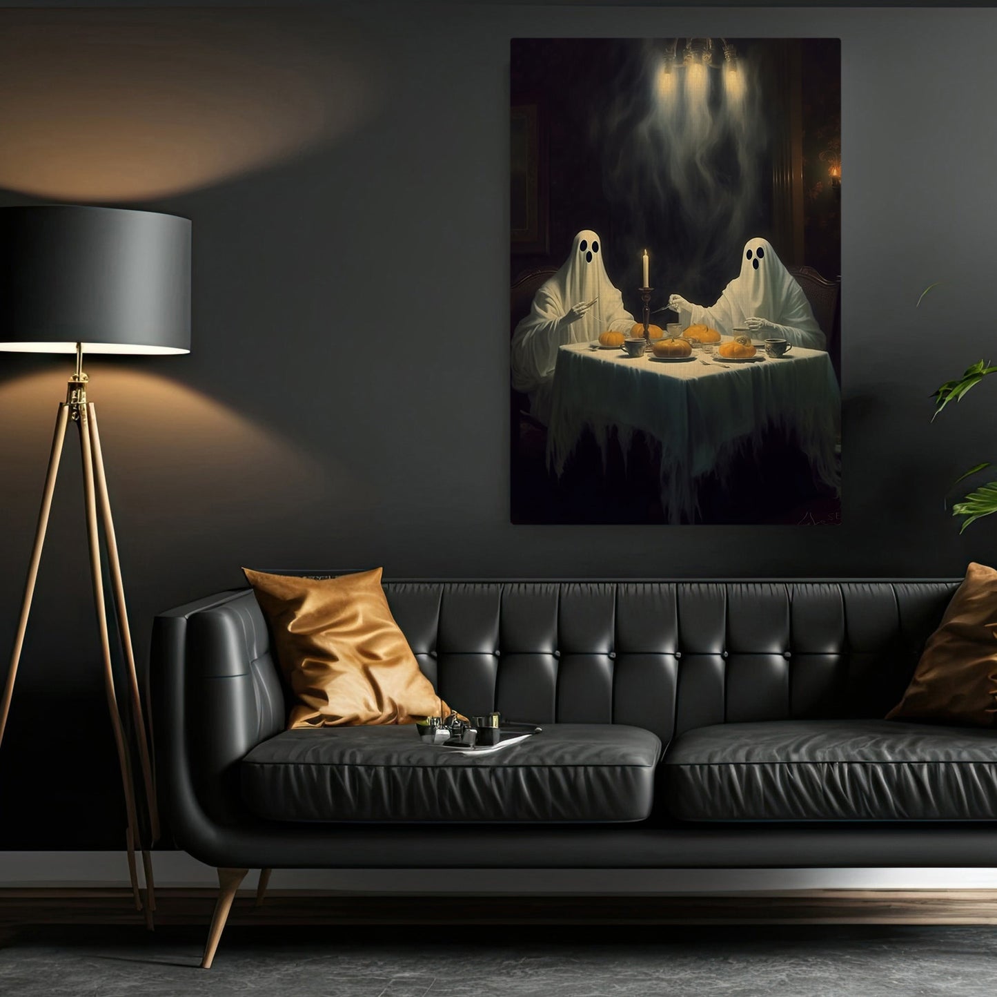 Two Ghosts Have Dinner Halloween Canvas Painting, Wall Art Decor - Dark Gothic Ghost Halloween Poster Gift