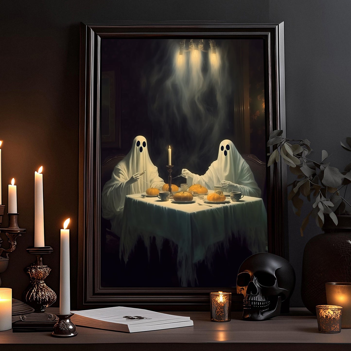 Two Ghosts Have Dinner Halloween Canvas Painting, Wall Art Decor - Dark Gothic Ghost Halloween Poster Gift