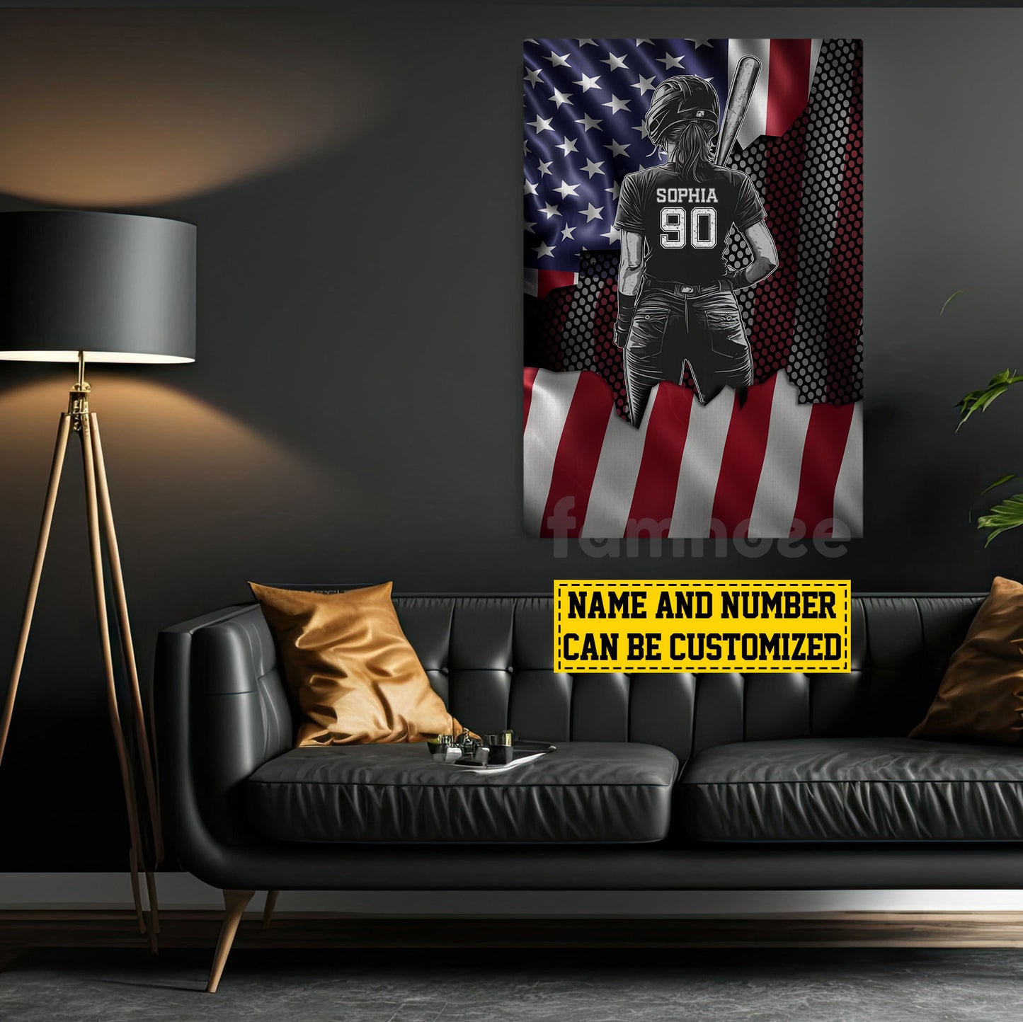 Personalized Softball Girl Canvas Painting, Stars, Stripes & Softball Dreams Sports Wall Art Decor, Poster July 4th Gift For Softball Lovers