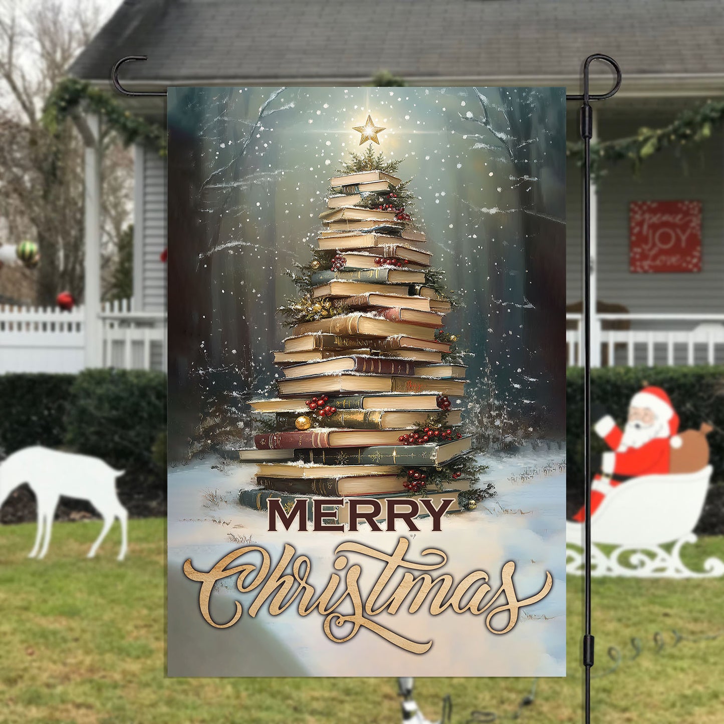 Christmas Book Garden Flag & House Flag, Merry Christmas, Welcome Outdoor Decor, Xmas Yard Decor Gift For Books Lovers