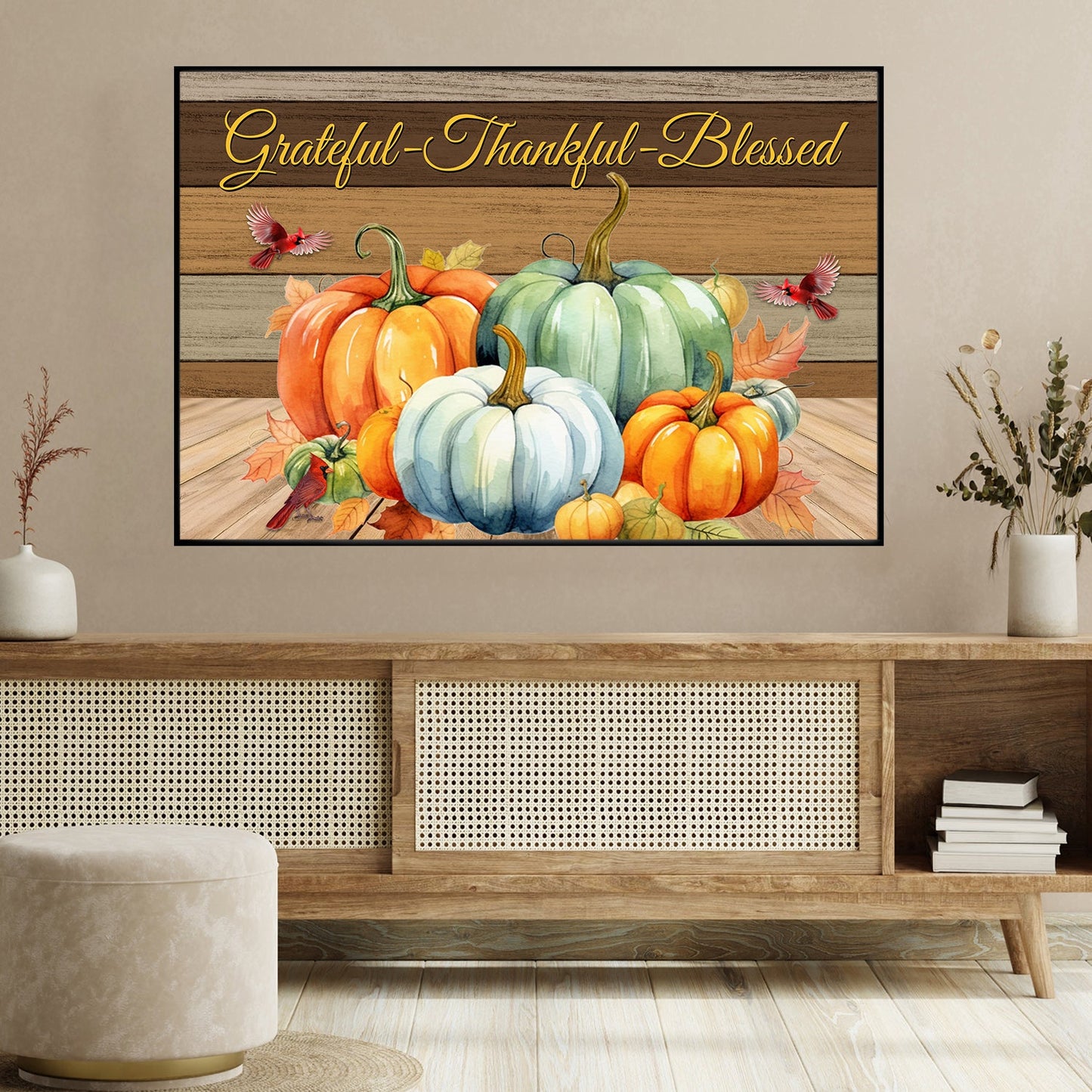 Grateful Thankful Blessed Pumpkins Thanksgiving Canvas Painting, Wall Art Decor - Thanksgiving Poster Gift