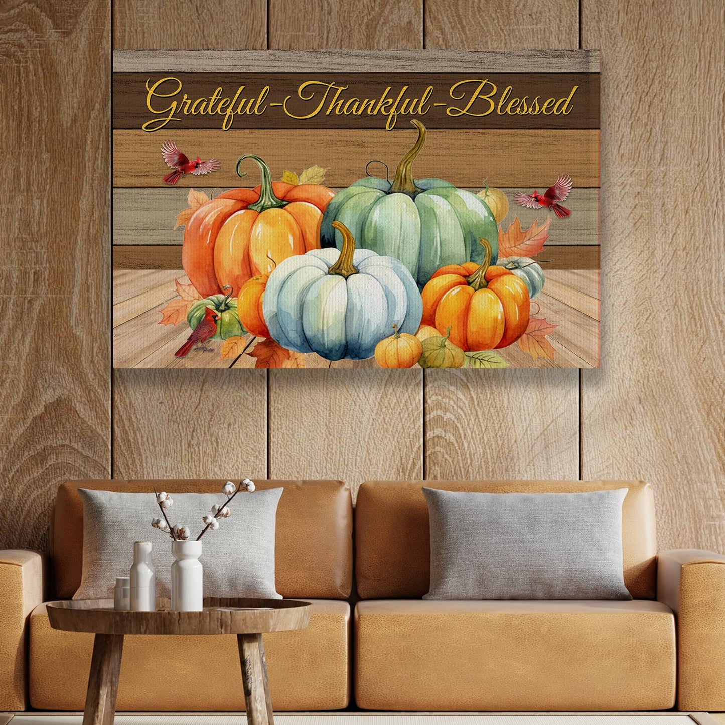 Grateful Thankful Blessed Pumpkins Thanksgiving Canvas Painting, Wall Art Decor - Thanksgiving Poster Gift