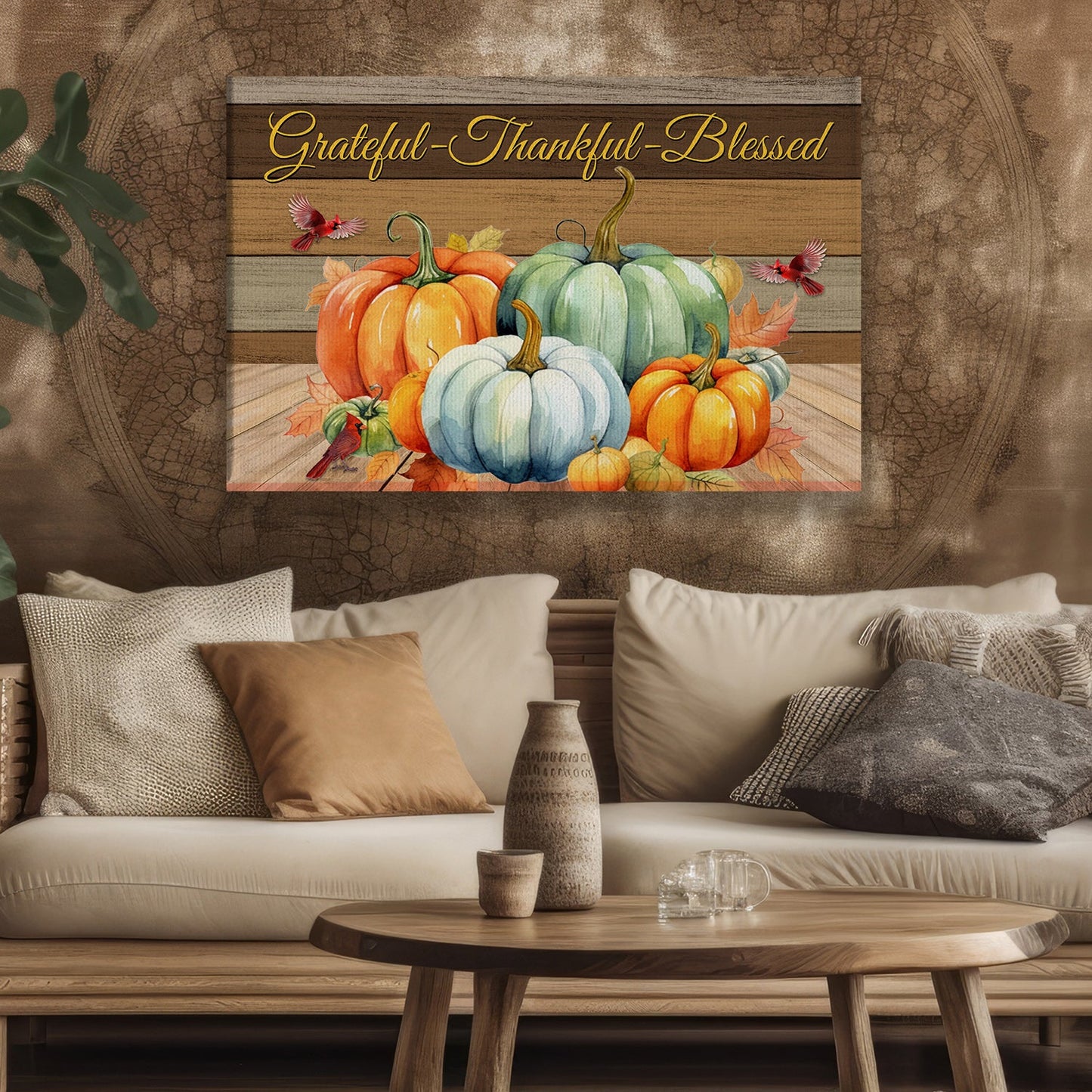 Grateful Thankful Blessed Pumpkins Thanksgiving Canvas Painting, Wall Art Decor - Thanksgiving Poster Gift