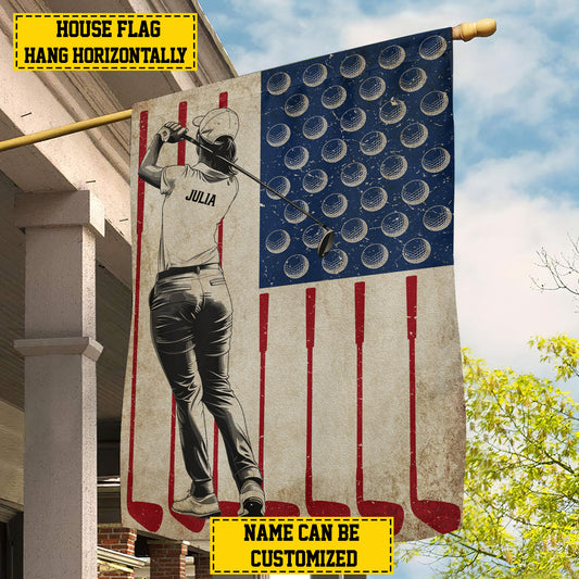 Personalized July 4th Golf Women American Garden Flag & House Flag, Independence Day Patriotic Golf USA Yard Flag Gift For Golf Lovers
