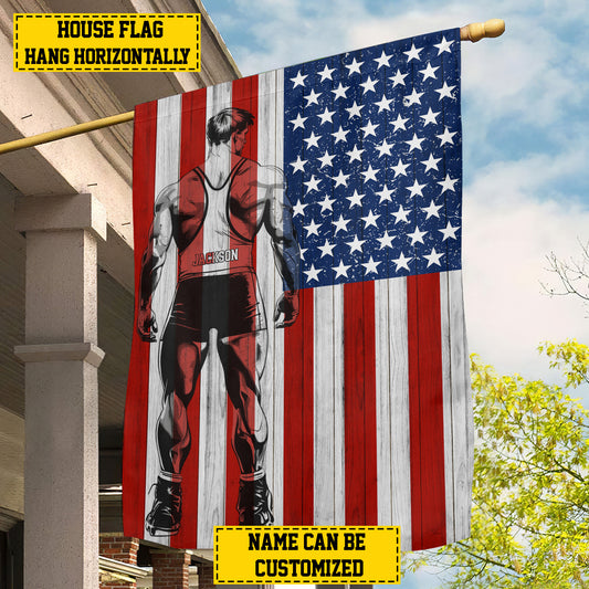 Personalized July 4th Wrestling American Garden Flag & House Flag, Independence Day Patriotic Wrestling USA Yard Flag Gift For Wrestling Lovers