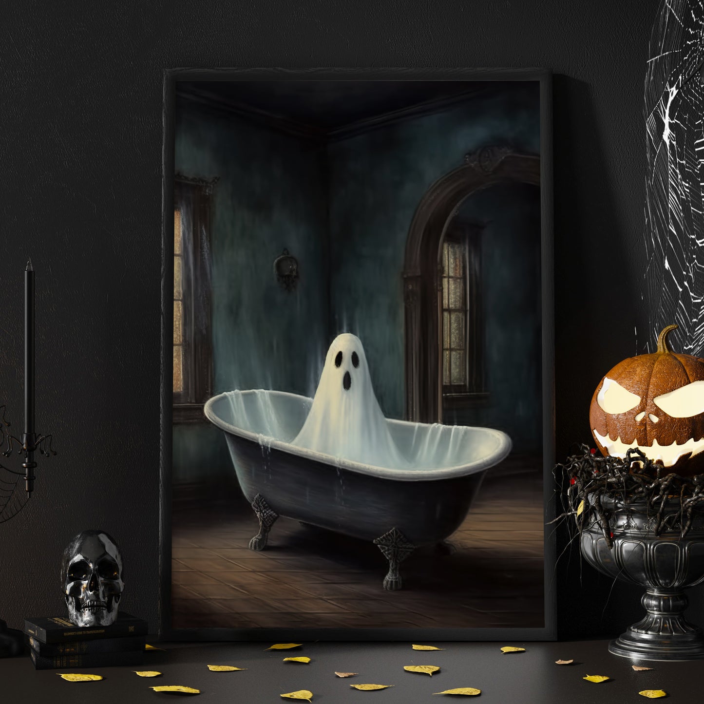 The Spooky Ghost in Bathtub Halloween Canvas Painting, Wall Art Decor - Dark Academia Ghost Halloween Poster Gift