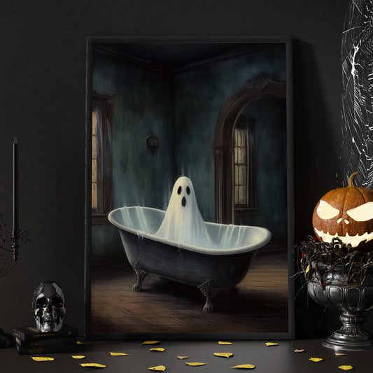 The Spooky Ghost in Bathtub Halloween Canvas Painting, Wall Art Decor - Dark Academia Ghost Halloween Poster Gift