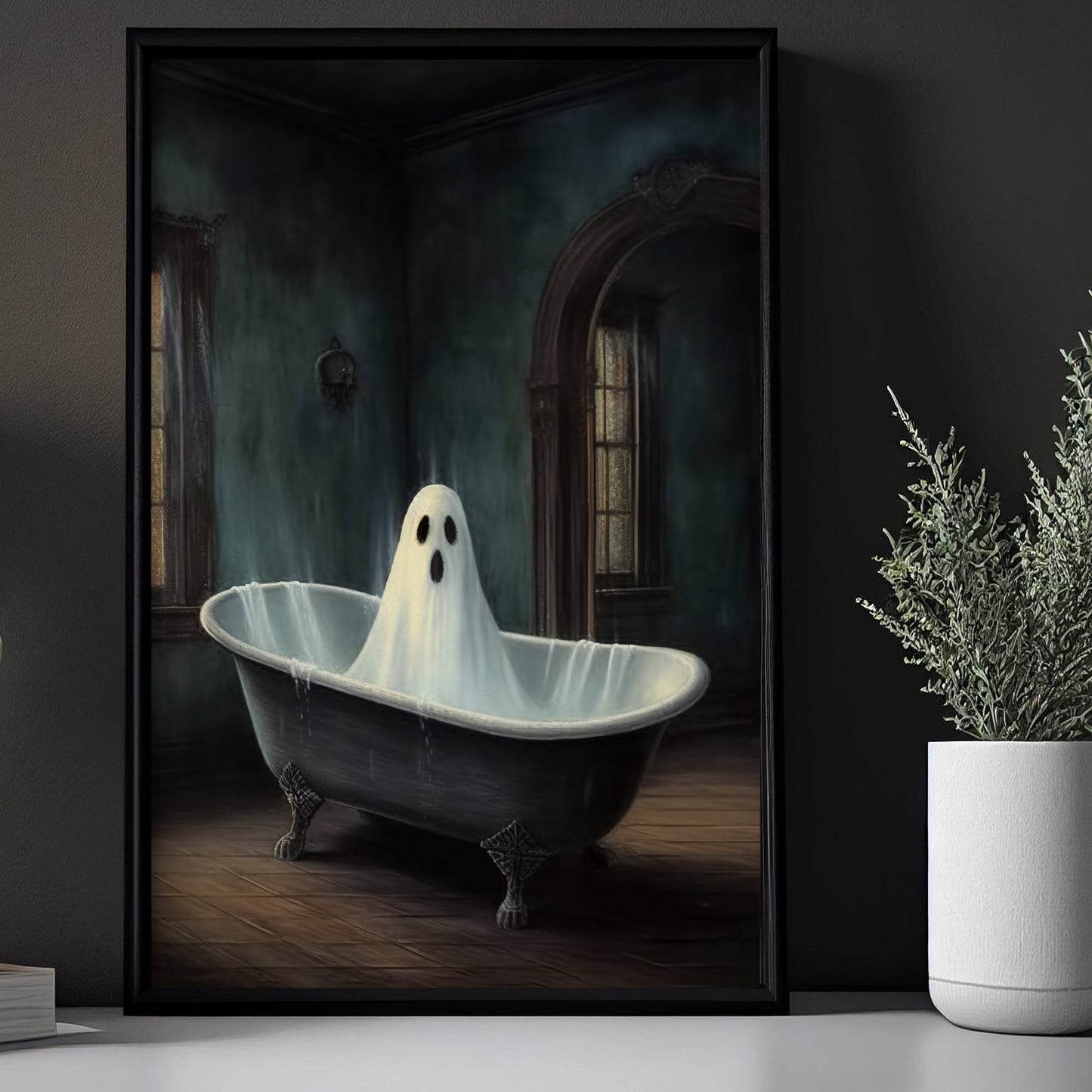 The Spooky Ghost in Bathtub Halloween Canvas Painting, Wall Art Decor - Dark Academia Ghost Halloween Poster Gift